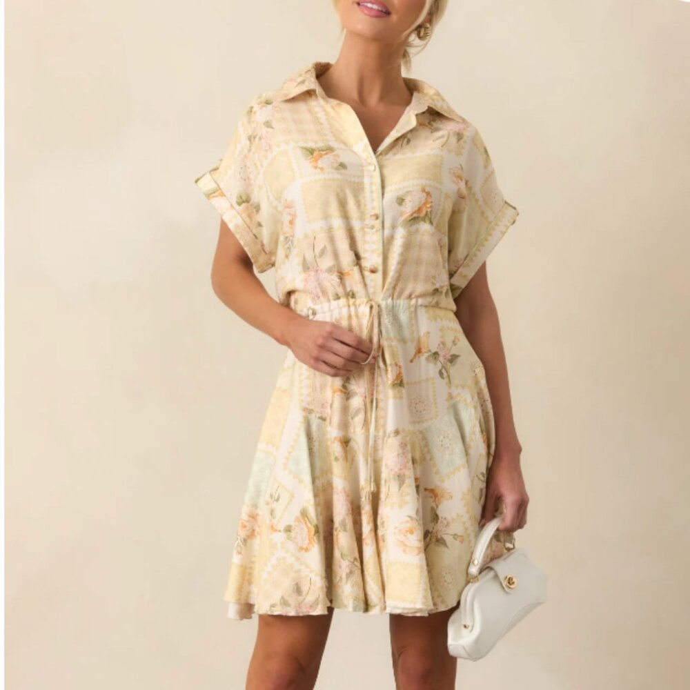 Made Me Smile Yellow Floral Patchwork Mini Dress, Med